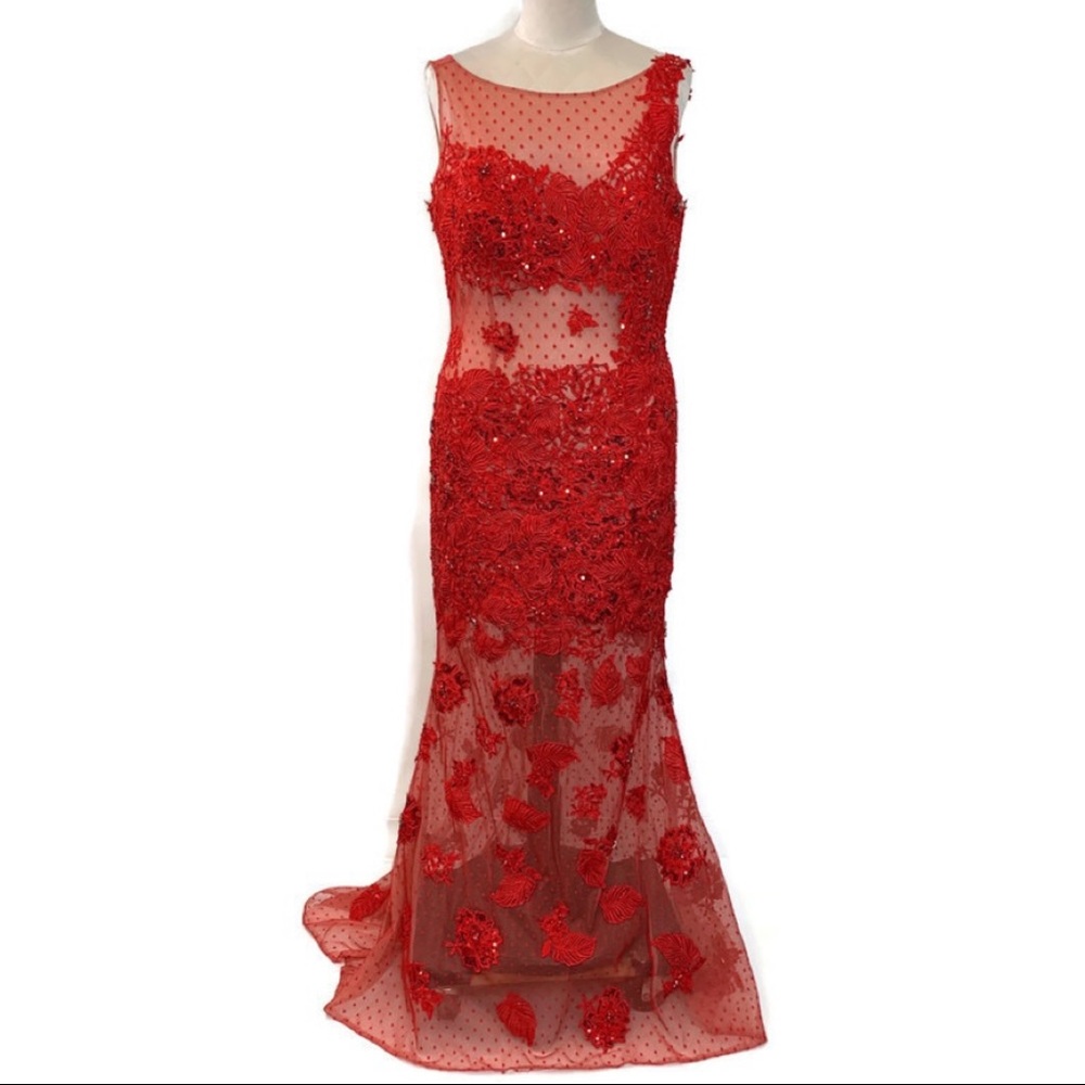 Red Shear Lace Plus Size Sherri Hill Prom Dress EC